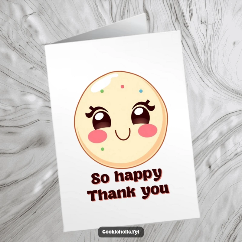 Funny Free Printable Thank You Card: Kawaii sugar cookie character displaying a massive, delighted grin to express thanks.