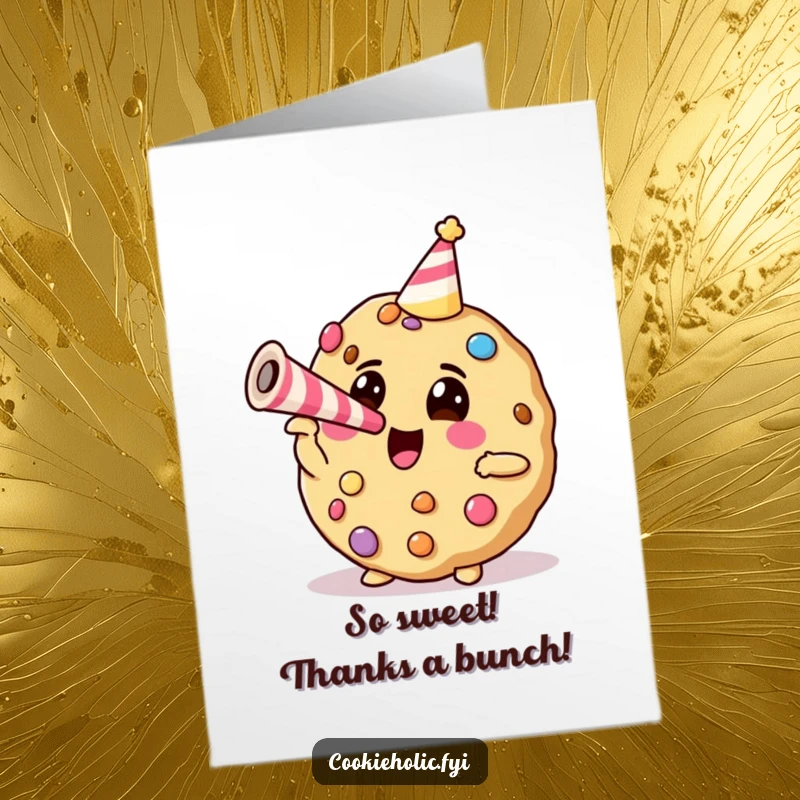 Funny free printable thank you card: a cookie with candy decorations blowing a party horn, conveying energetic thanks.