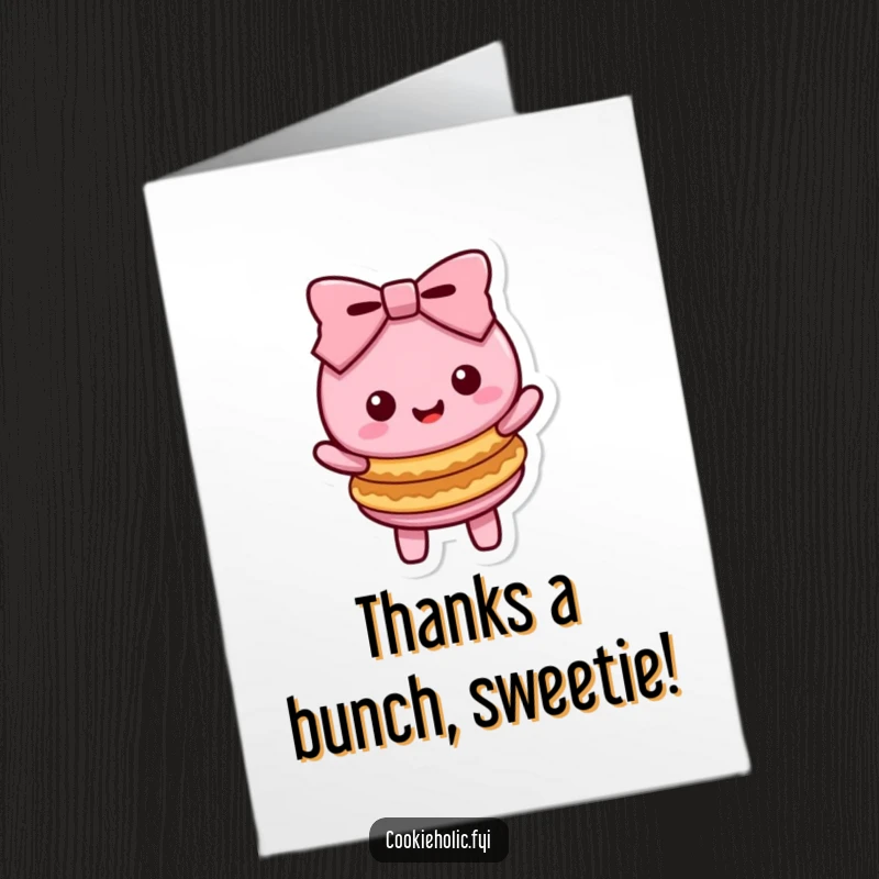 Funny Free Printable Thank You Card: a delightful Kawaii macaron character expresses gratitude with cookies.
