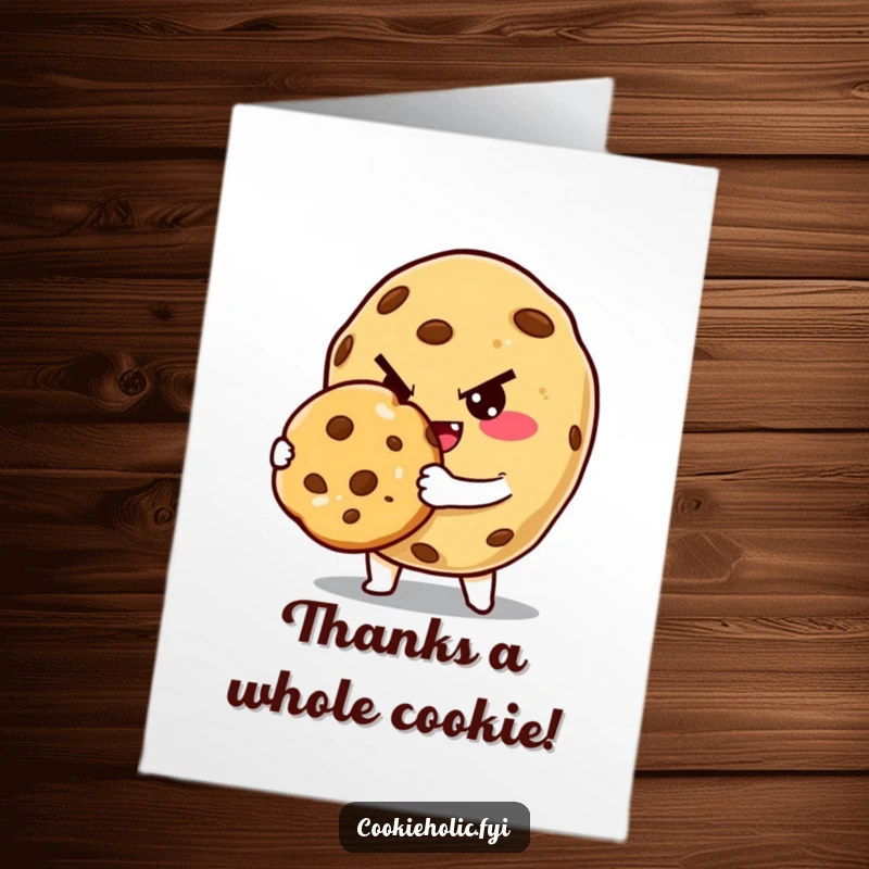 Funny Free Printable Thank You Card: Mischievous cookie character winks charmingly while offering a delicious baked cookie.
