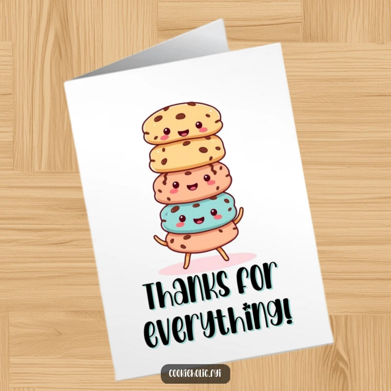 Funny Free Printable Thank You Card Depicting a Stack of Kawaii Cookies in a Wobbly Balance