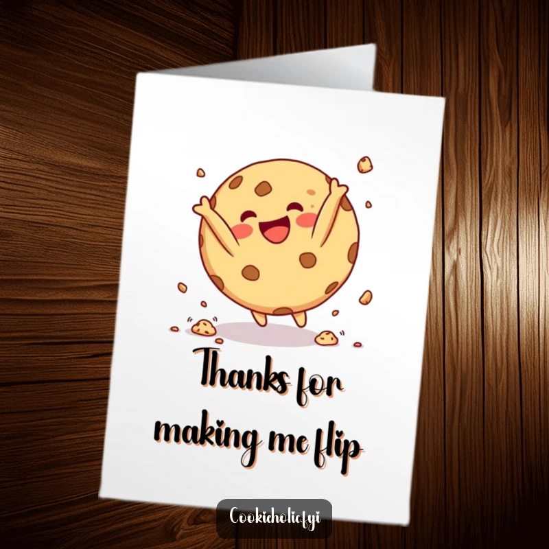 Funny Free Printable Thank You Card: Round cookie character doing a happy somersault with crumbs flying, a thoughtful gift.