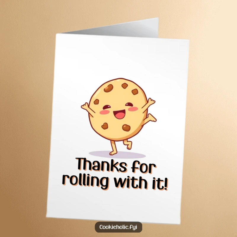 Funny free printable thank you card of a cookie character in a playful cartwheel motion.