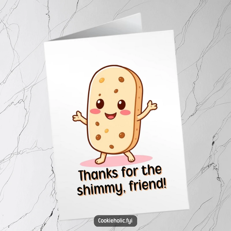 Funny Free Printable thank you card with a cute Kawaii wafer cookie character giving a happy smile and a shimmy.