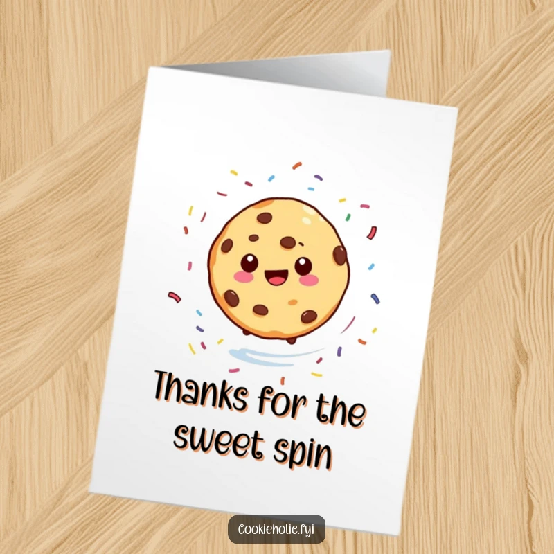 Funny Free Printable Thank You Card depicting a cookie character joyfully spinning with colorful sprinkles scattering around it, perfect for sending.