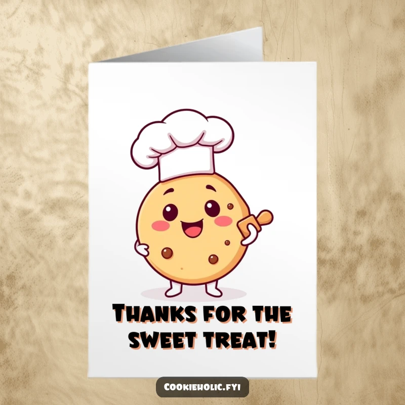 Funny Free Printable Thank You Card: Happy cookie in a chef hat holds a rolling pin, offering a sweet and funny thank you.