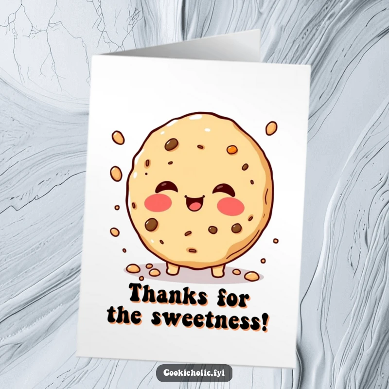Funny Free Printable Thank You Card of a Cookie with Rosy Cheeks Joyfully Sprinkling Cookie Crumbs