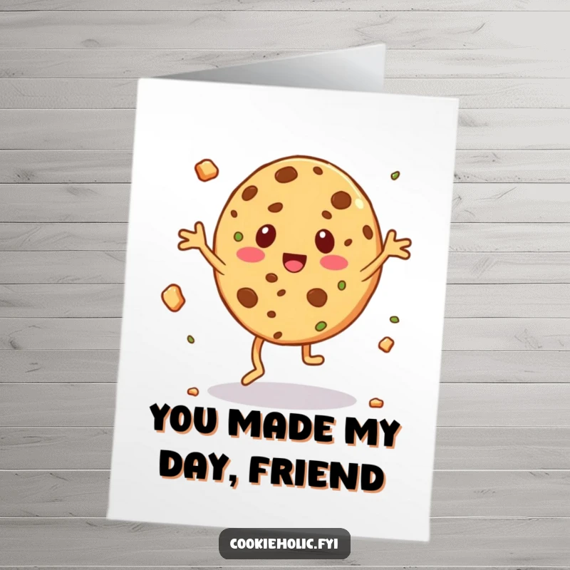 Funny Free Printable Thank You Card: Cookie character jigs wildly with crumbs flying, expressing thanks humorously.