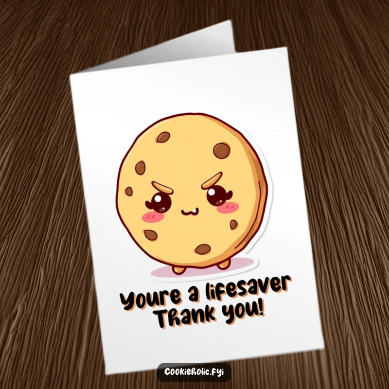 Funny Free Printable Thank You Card: Kawaii cookie with a sly look and a suspicious bite mark.