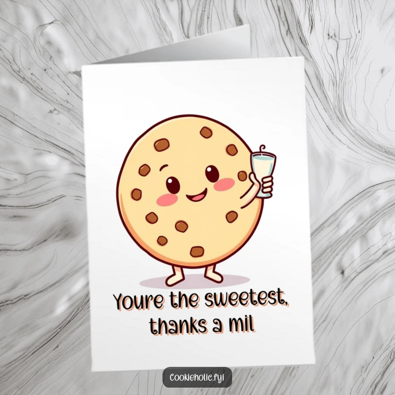Funny Free Printable Thank You Card: Round, happy cookie character dances with milk glass, smiling. Sweet downloadable art.