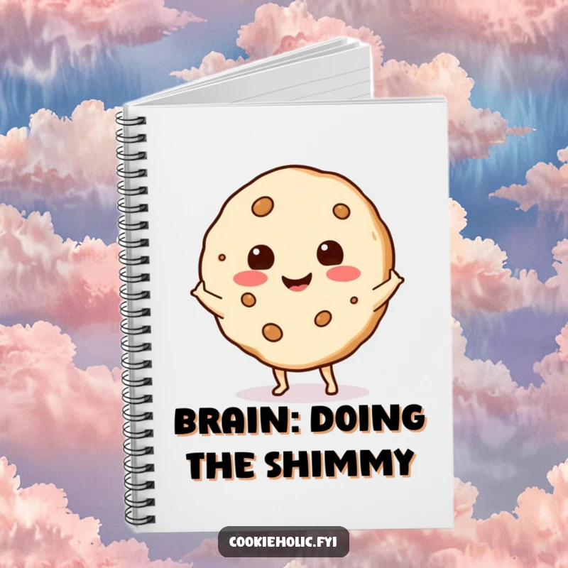 Funny cookie with a happy expression doing a little shimmy dance, designed on the cover of a notebook.