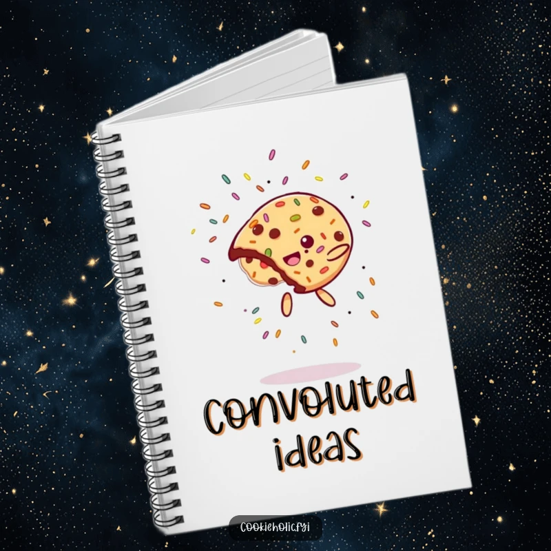 Funny Notebook: A cookie performs a flip with sprinkles flying, encouraging humorous and energetic note-taking.