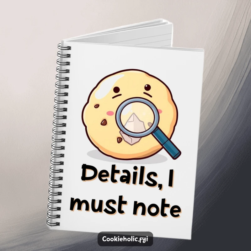 Funny Notebook featuring a cookie with a magnifying glass, inspecting a sugar crystal, inspiring detailed thoughts.