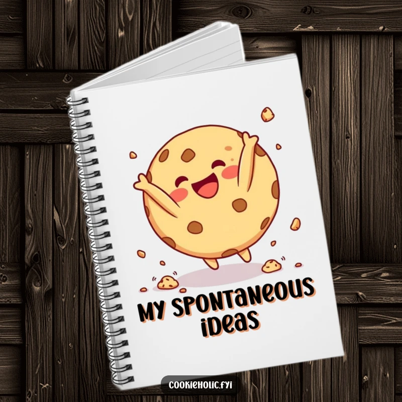 Funny Notebook cover with a round cookie character doing a happy somersault with crumbs flying, encouraging joyful note-taking.