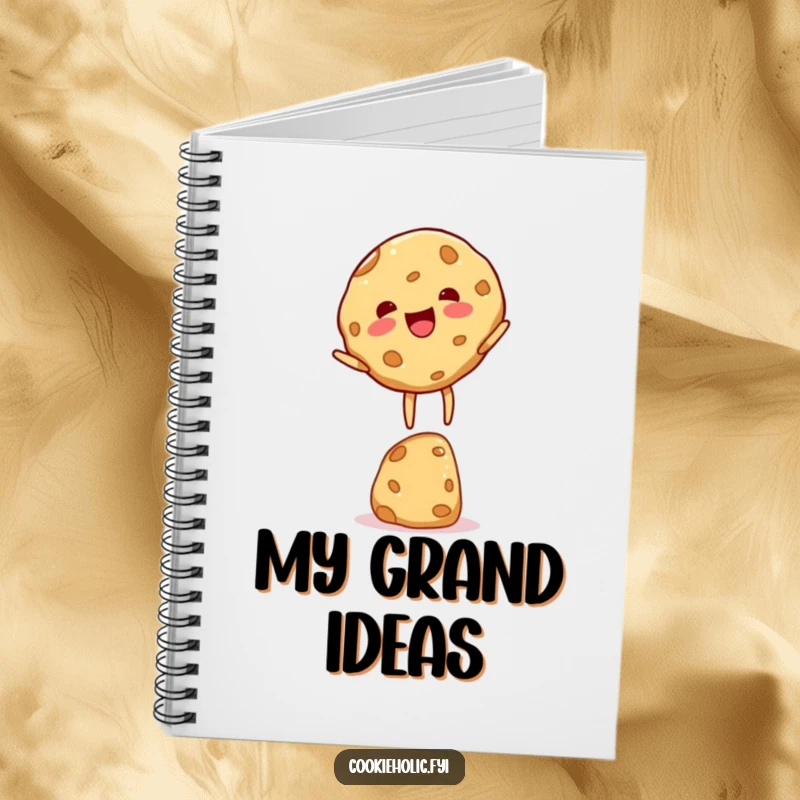 Funny cookie character notebook, featuring a cookie balancing with delight, ideal for jotting down sweet thoughts.