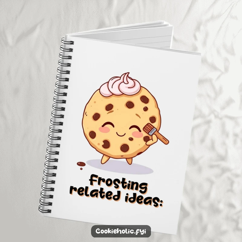 Funny notebook cover featuring a cookie character tripping slightly, smiling, and brushing off frosting.