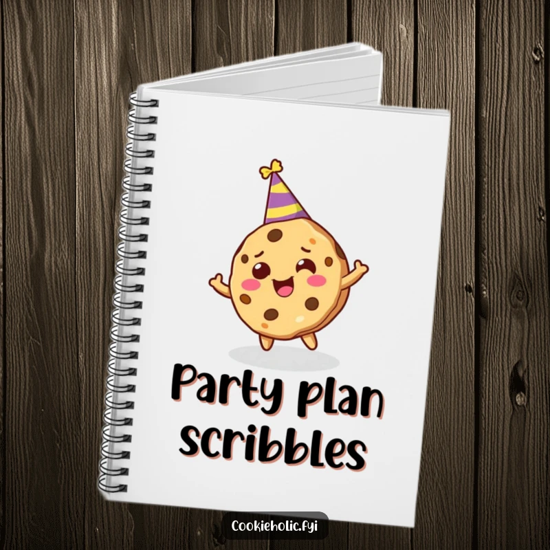 Funny notebook cover featuring a cookie character wearing a party hat, joyfully spinning.