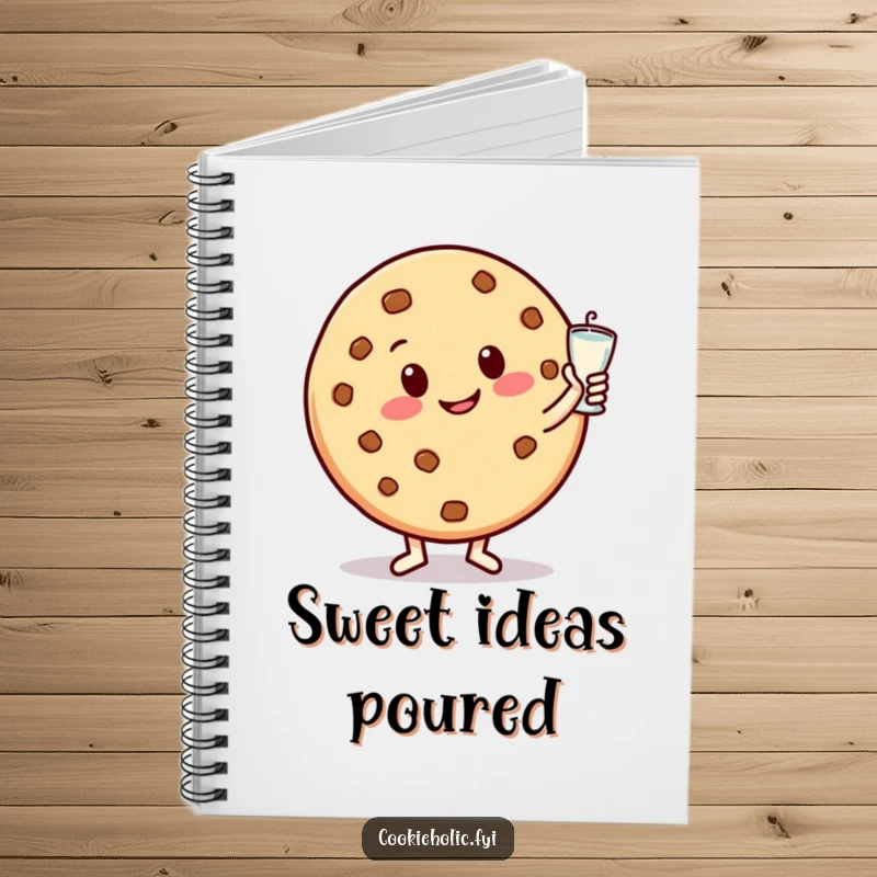 Funny notebook with a happy cookie character smiling and dancing with a milk glass, designed for cheerful and sweet note-taking.