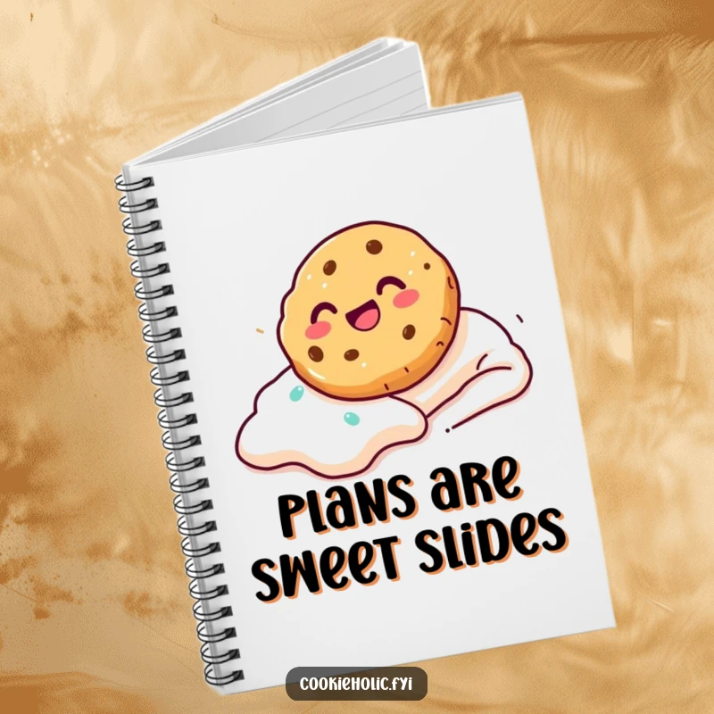 Funny Notebook featuring a cookie sliding down a frosting slope with glee, inspiring exciting thoughts and adventures.