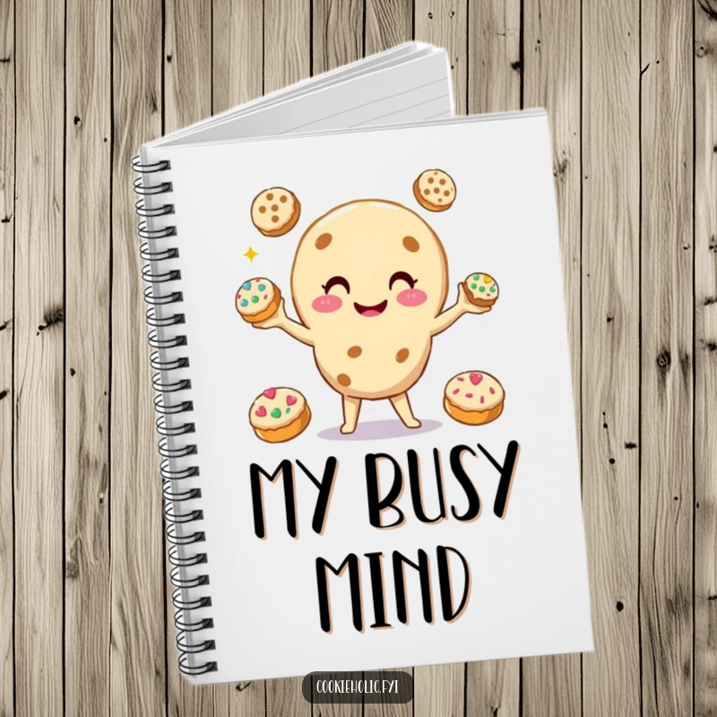 Funny Notebook cover with a smiling cookie character juggling three smaller, decorated cookies, encouraging organized planning.