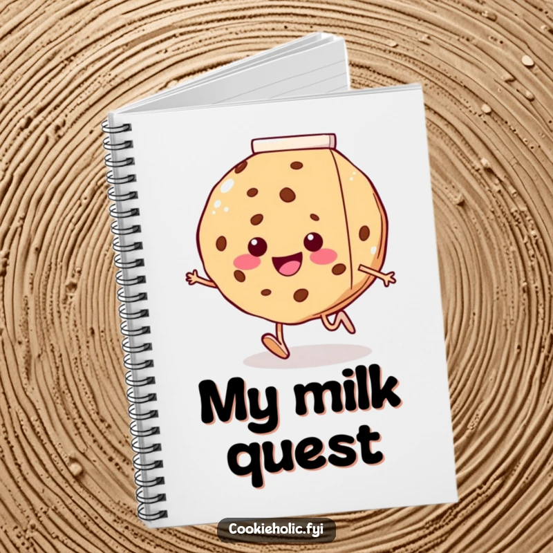 Funny notebook with a smiling cookie with tiny legs running gleefully towards a giant milk carton, perfect for journaling and notes.