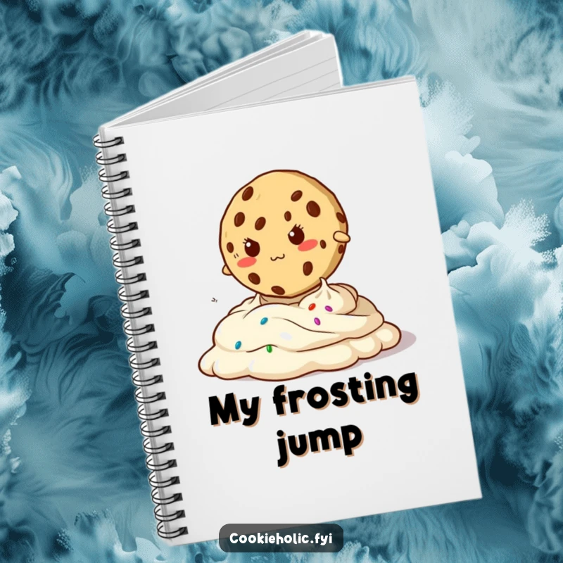 Funny notebook with a determined cookie jumping over oozy frosting, ideal for planning ambitious projects and capturing inspiring thoughts.