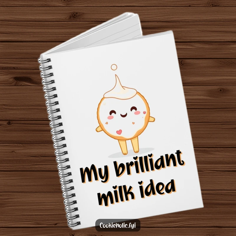 Funny sugar cookie character tiptoeing with a giant milk drop, presented on a notebook cover for jotting down funny notes and ideas.