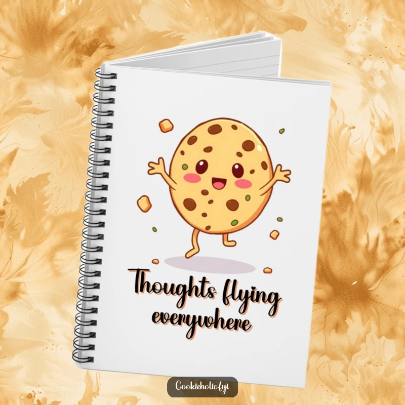 Funny notebook with a cookie character captured mid-silly jig, with crumbs flying around the cover.