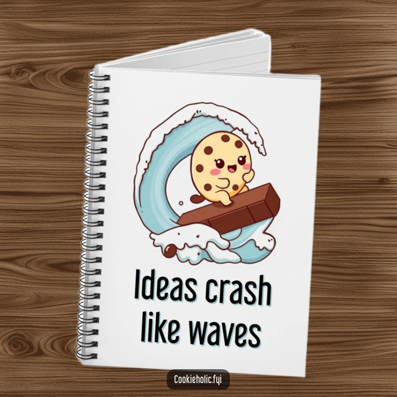 Funny Kawaii cookie character surfing a giant chocolate chip, ready to write, on a fun and inspiring notebook.