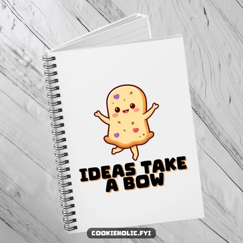 Funny kawaii shortbread cookie character twirling gracefully on the cover of a notebook, ready for humorous journaling.