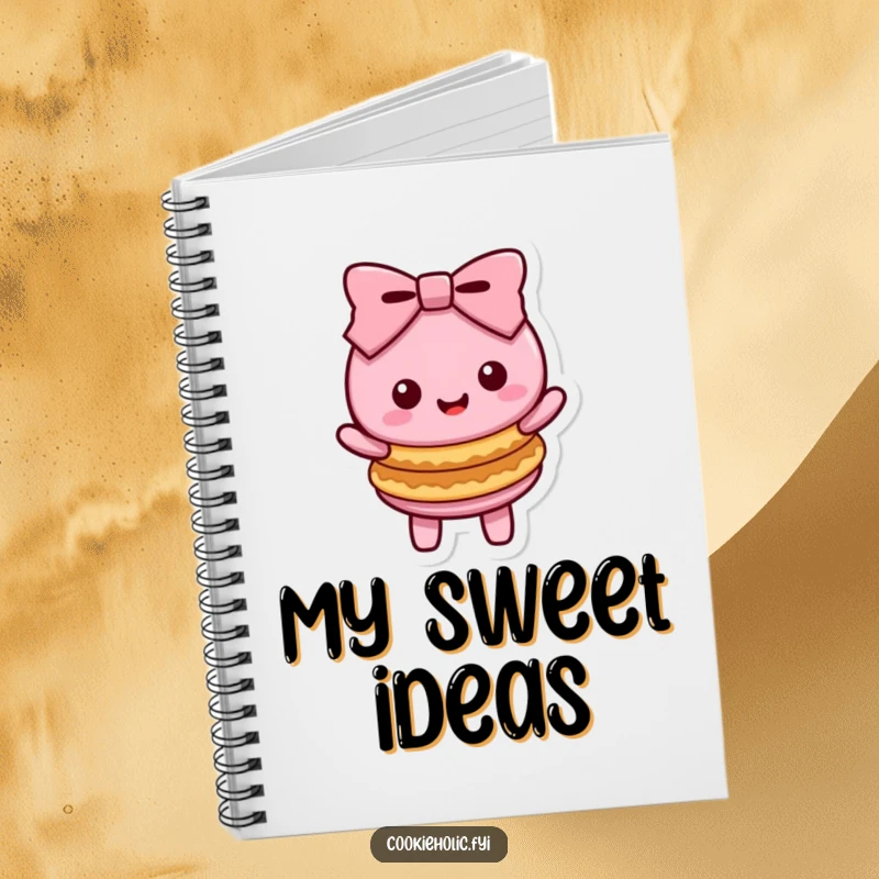 Funny Kawaii macaron character in a happy bow with two stacked cookies, a cute and practical notebook.