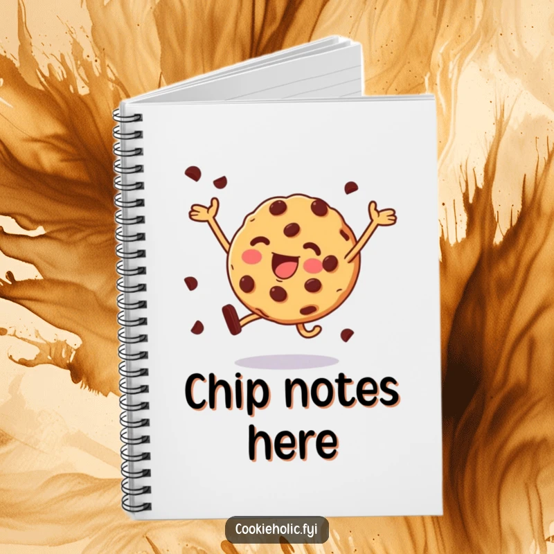 Funny notebook showcasing a chocolate chip cookie in a spirited leap, perfect for capturing bright ideas.