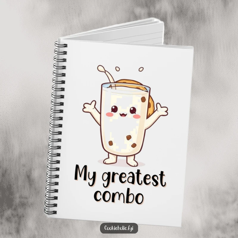 Funny notebook featuring a cookie character embracing a large glass of milk, perfect for jotting down ideas.