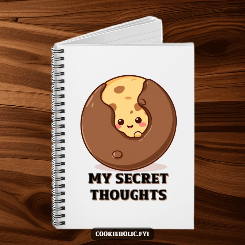 Funny shy cookie notebook showing a cookie peeking from behind a chocolate chip, ideal for jotting down shy thoughts.