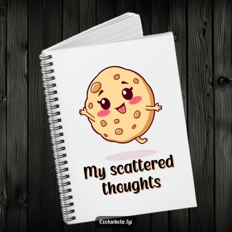 Funny notebook with a cookie character doing a silly spin, perfect for jotting down ideas, doodles, and hilarious thoughts.