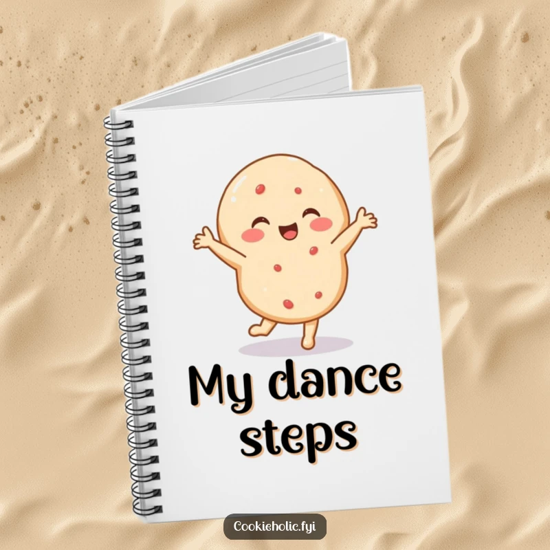 Funny notebook with a delighted sugar cookie performing a tiny, energetic dance, perfect for notes and journaling.