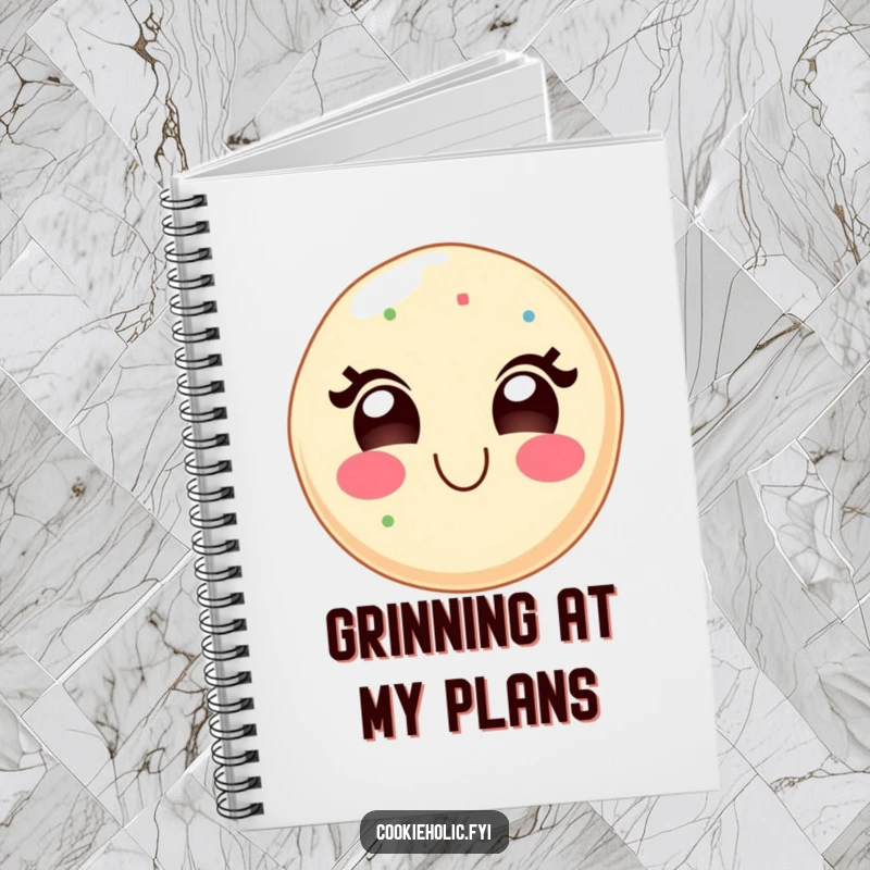 Funny kawaii notebook cover with a sugar cookie character wearing a wide, delighted grin, inspiring sweet and joyful note-taking.