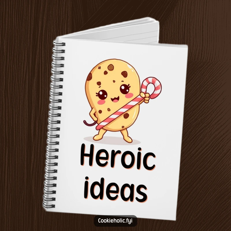 Funny Notebook: A Kawaii cookie character strikes a heroic pose with a candy cane, inspiring brave writing.
