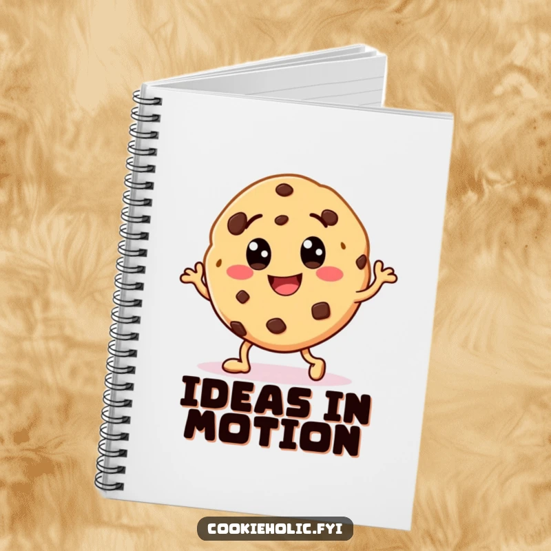 Funny notebook with a smiling cookie character with chocolate chip eyes, doing a lively happy dance on the cover.