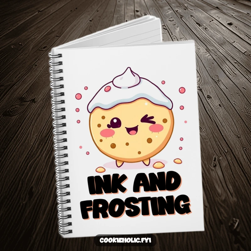 Funny Notebook: A Kawaii cookie character winks playfully while scattering frosting, inspiring creative entries.