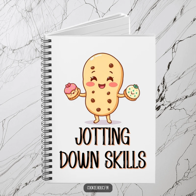 Funny notebook: A smiling cookie character juggles three smaller, decorated cookies, representing skill and organization.