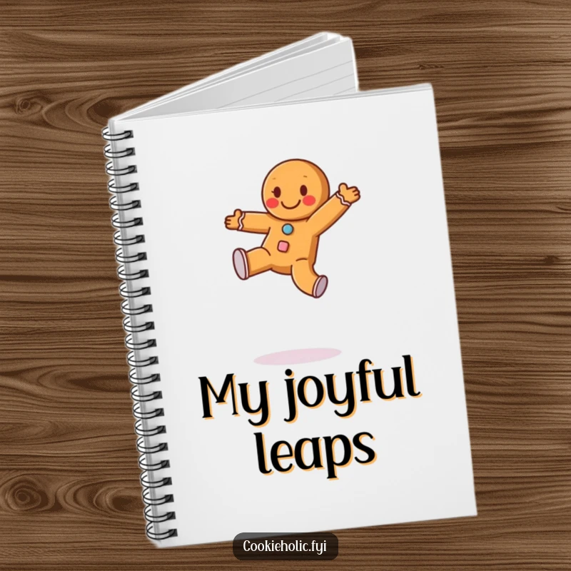 Funny notebook with a happy gingerbread man with frosting buttons doing a cartwheel, perfect for notes and journaling.