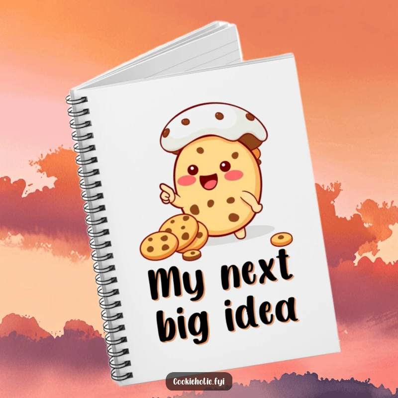 Funny Kawaii cookie character pointing towards a vast cookie jar, perfect for writing down sweet ideas in this funny notebook.