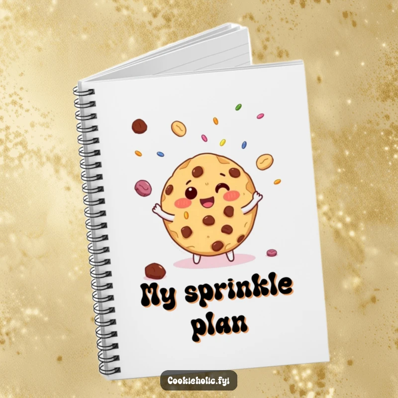 Funny notebook with a giggling chocolate chip cookie juggling miniature candy sprinkles, perfect for notes and journaling.
