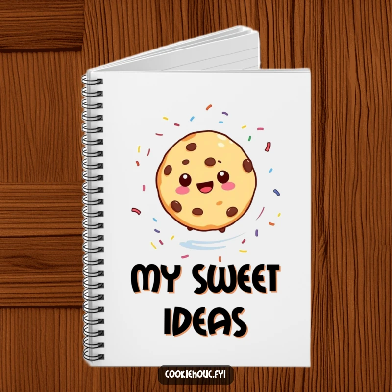 Funny notebook featuring a cookie character spinning with sprinkles scattering around, ideal for capturing sweet notes with a humorous touch.