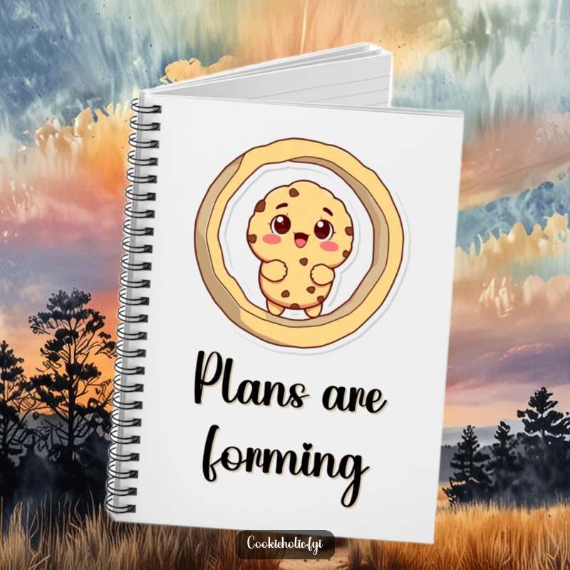 Funny notebook cover featuring a cookie character hilariously stuck in a giant cookie cutter, perfect for notes.