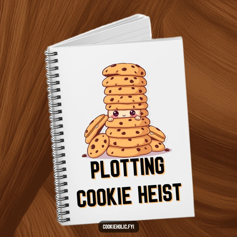 Funny cookie character peeking from behind a towering stack of cookies on a notebook cover.