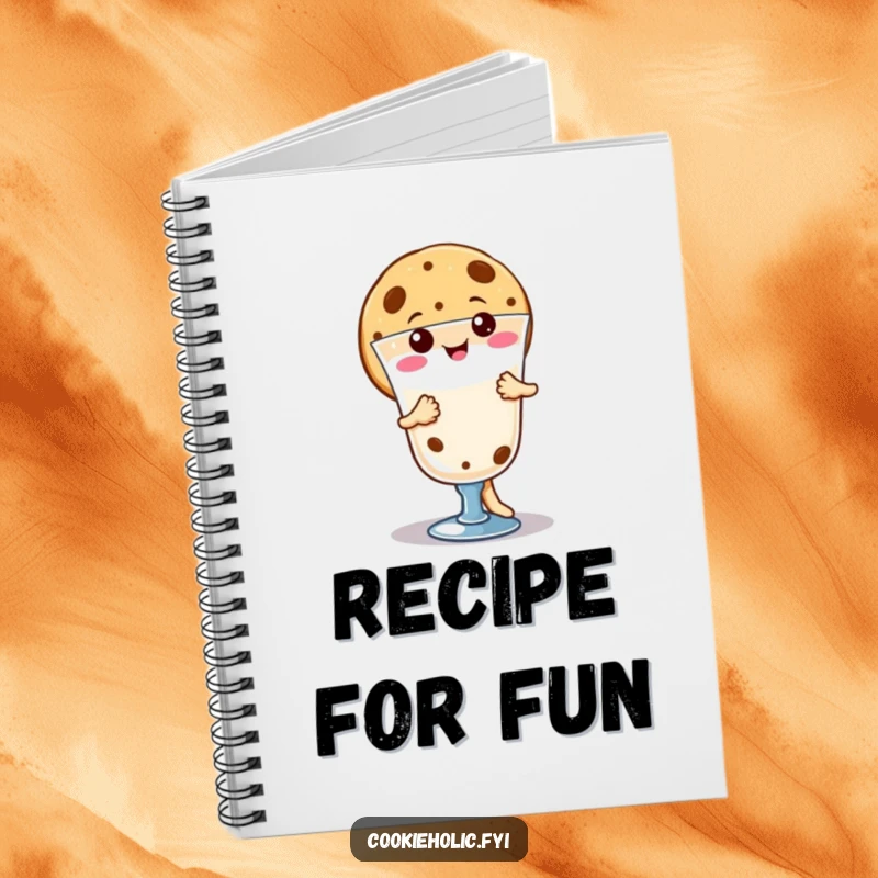Funny happy kawaii cookie character dancing around milk, cute notebook for recipes, perfect funny gift for bakers.