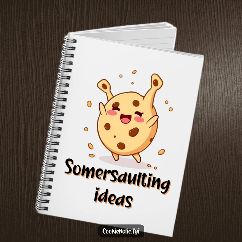 Funny notebook: A round cookie character happily does a somersault with crumbs flying, representing joy and fun.