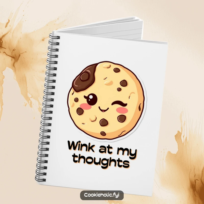 Funny kawaii notebook cover with a chocolate chip cookie character winking, featuring a chocolate smudge, inspiring cheeky note-taking.